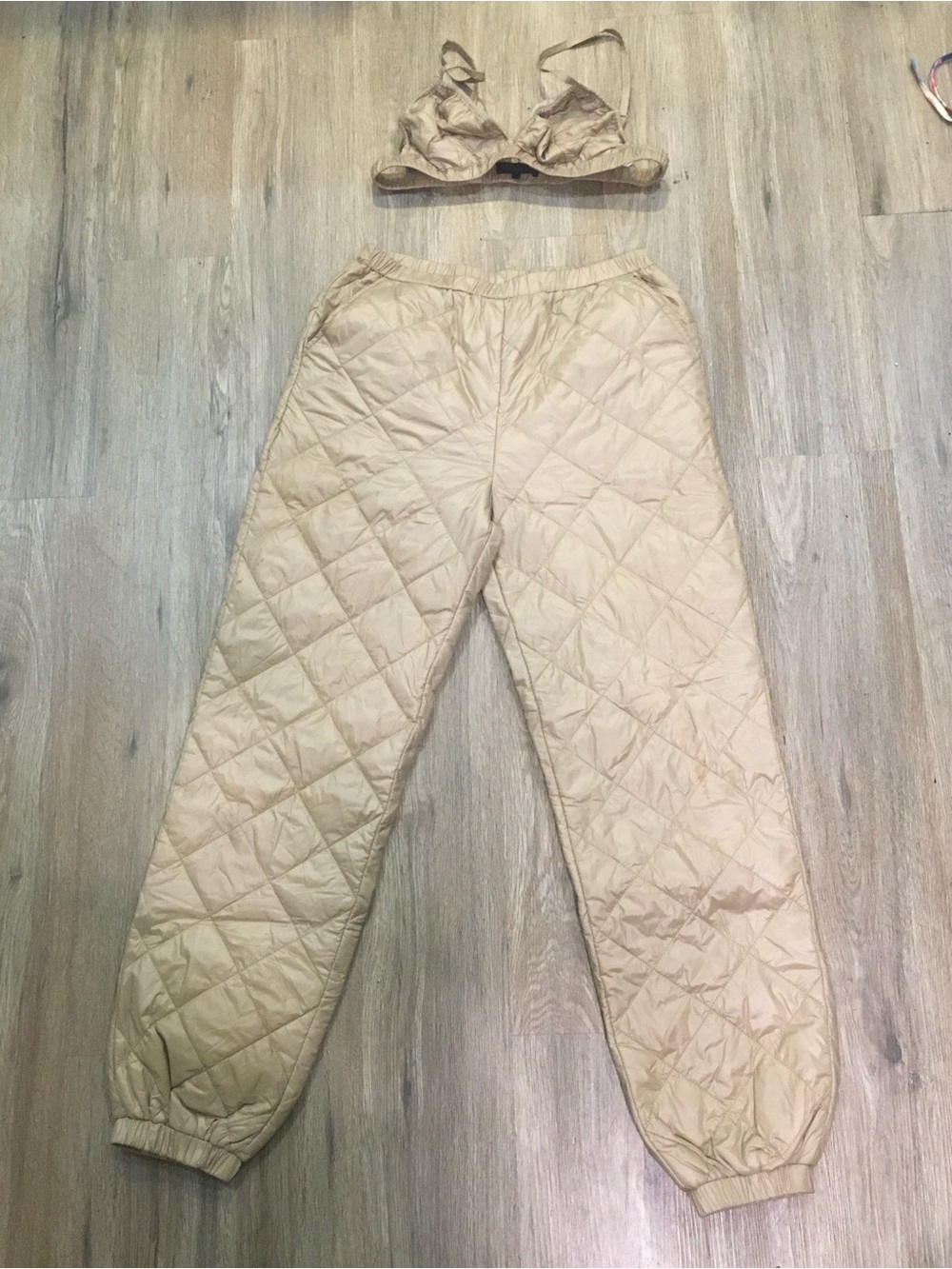 Quilted Puffer Jogger Pants set in Light Beige